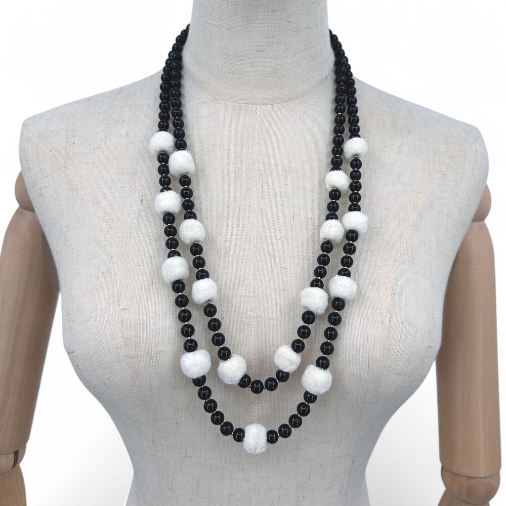 J Crew Black and Cream Pom Pom Layered Statement Necklace Pompon